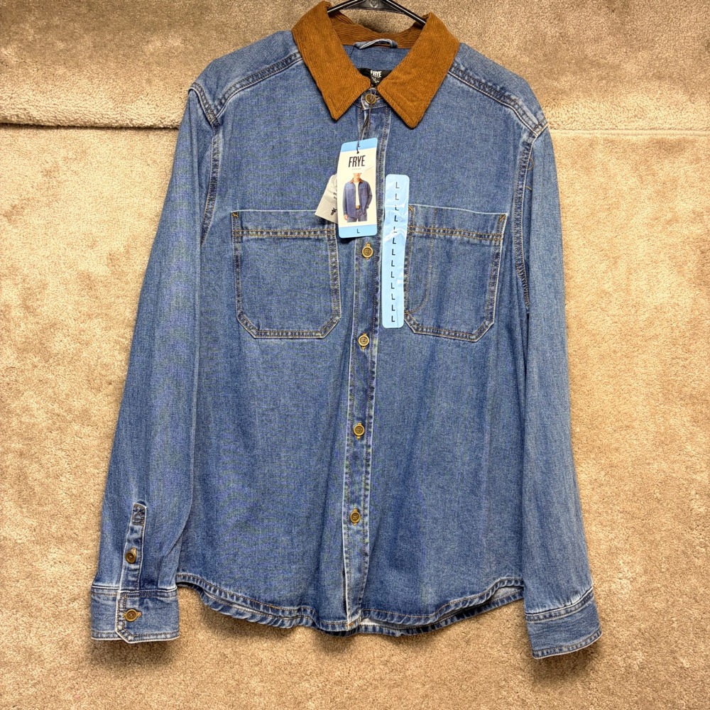 Frye Mens Barn Shacket Medium Wash Denim Corduroy Collar Button Up Shirt L NEW